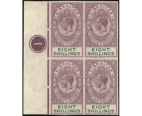 1912-24 8s dull purple and green, wmk MCA, IMPERFORATE MARGINAL BLOCK OF 4 with plate number "1", o.g. The lower pair with mi