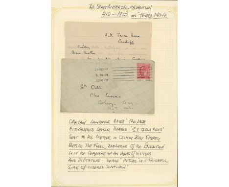 ‘Terra Nova’ Expedition. A fascinating autographed letter (with accompanying envelope) from Lawrence Edward Oates (1880-1912)