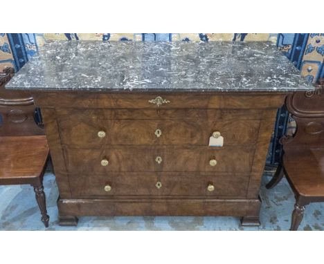 COMMODE, 19th century French Louis Philippe figured walnut and gilt metal mounted with four long drawers and St Annes grey/wh
