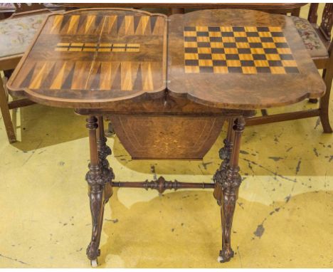 WORK/GAMES TABLE, mid Victorian burr walnut with inlaid detail with marquetry backgammon and chess board over a fitted drawer