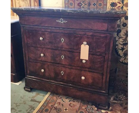 HALL COMMODE, 19th century French Louis Philippe flame mahogany and silvered metal mounted with four long drawers and marble 