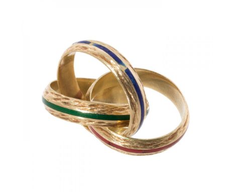 HERMÈSTriple ring in 18kt yellow gold with three-color enamel (blue, magenta and green). Three rings intertwined to form one,