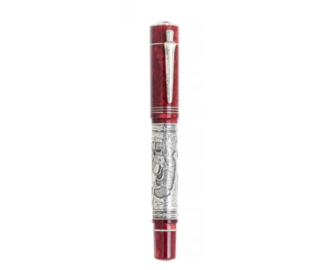 DON QUIXOTE" DELTA FOUNTAIN PEN.Marbled red resin body and engraved silver.Limited edition. Exemplary 177/400.Nib 18kts white