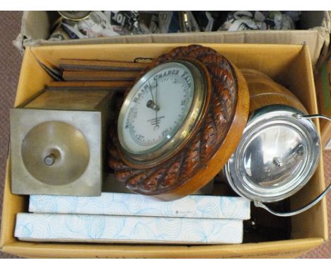A Brass light fitting, cutlery etc, a barometer plus Joe Crowfoot photos (two boxes)
