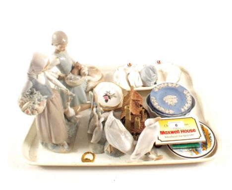 Various Nao and Lladro figurines etc plus a few coins