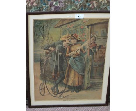 A Victorian coloured print of a couple with penny farthing bicycle, titled 'Popping the Question' and a Mahogany woolwork fir