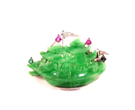 An Art Deco 18th Century 18ct Gold, Platinum, Jade, Diamond and gem set brooch in the form of a Junk