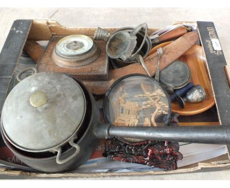 A barometer, Iron cook pot and sundries
