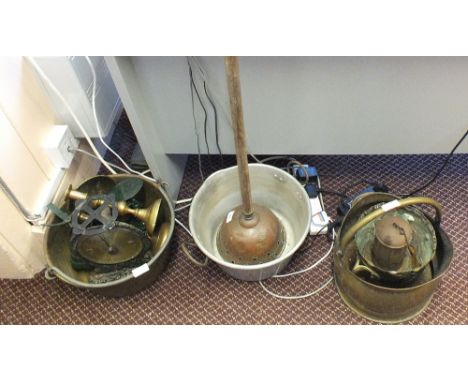 A Victorian Brass jam pan, coal helmet and candlesticks etc