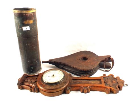Victorian Oak bellows, Negretti and Zambra rain gauge and a barometer (for restoration)
