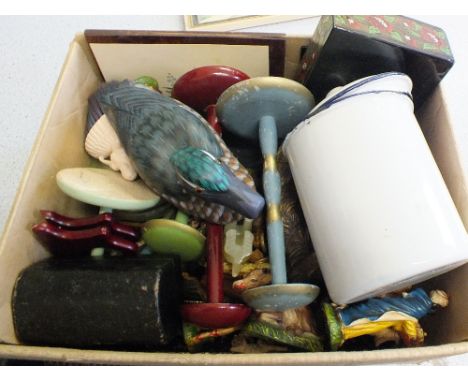 Lacquer boxes, enamel tin and figurines etc