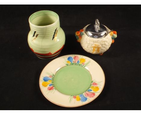 A Clarice Cliff Celtic Harvest jam pot, crocus plate plus a vase 56555 (cracked)