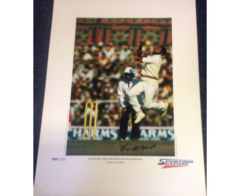 Cricket 22x16 Andy Roberts sporting masters signed colour photo pictured in action in 1983 (001/500). Sir Anderson Montgomery