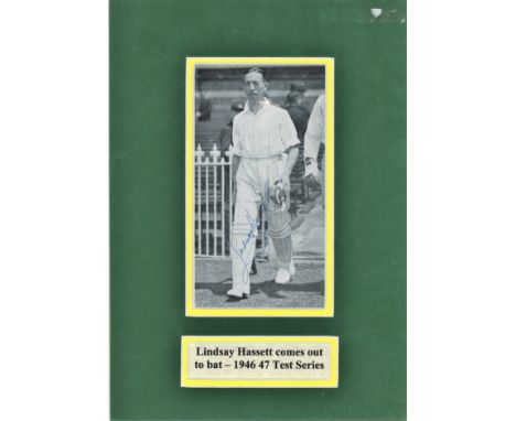 Cricket Lindsay Hassett 31cm x22cm signature including signed b/w photo and information plate both mounted to high standard. 