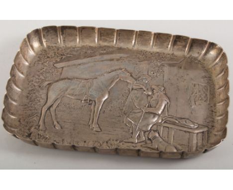 Rectangular white metal dish, chased and embossed decoration of figures outside a tavern, in the style of Morland, bearing Ge