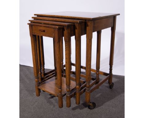 Quartet of oak occasional tables, rectangular top, chamfered legs, smallest with a frieze drawer and a shelf, the largest wid