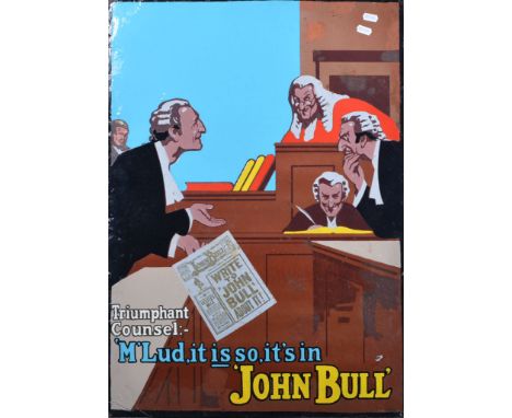 An enamel advertising sign for 'John Bull', depicting a law court scene 'Triumphant Counsel: 'M'Lud, it is so, it's in John B