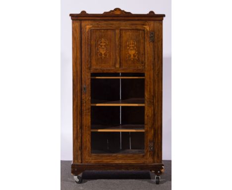 Victorian walnut music cabinet, low back, the door enclosing fixed shelves, bracket feet, inlaid with fan spandrels, urns, bo