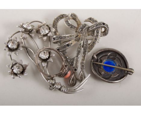 Jewel box containing costume jewellery,  marcasite and paste set brooches, some silver set, Hamilton fob watch hung from a bo