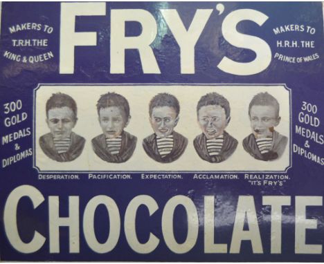 An enamel advertising sign for 'Fry's Chocolate',  with five boys depicting ' Desparation, Pacification, Expectation, Acclama