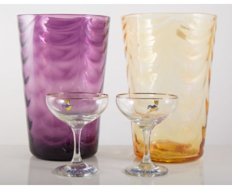 Large amethyst glass bowl, 42cms diameter, two wave vases 23cms and two amber vases and four Babycham glasses, (9).