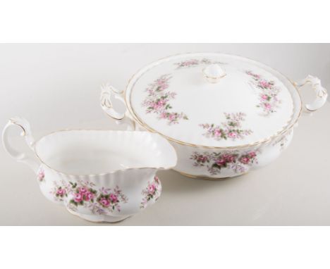 Royal Albert "Lavender Rose" dinner/tea service, floral design comprising, six soup/fruit dishes and saucers, six dinner plat