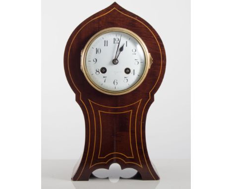 Edwardian mahogany balloon shape mantel clock, case with boxwood stringing, circular enamel dial, indistinctly signed, French
