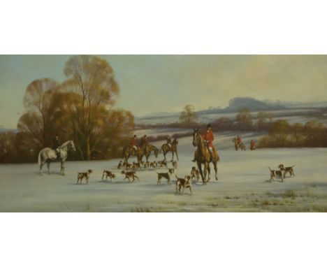 Hunting scene with hounds and huntsman in a winter landscape, oil on canvas, 50 x 100cms, dark frame, indistinctly signed.