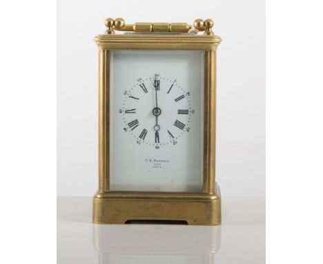 French brass cased carriage clock, white enamelled dial signed T. R. Russell, Paris, 3245, platform escapement striking on a 