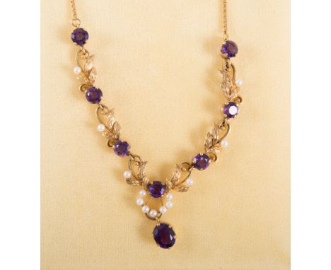 Amended description 8:58am 21st June - 9ct gold necklace set with amethyst and seed pearl, a box link chain.
