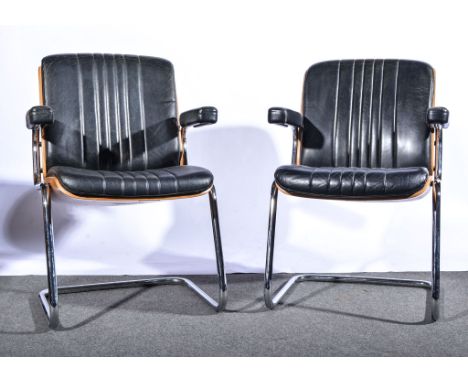 Martin Stoll for Giroflex, a cantilever office chair, circa 1980, tubular chrome frames, bent ply shells, black leather seat 