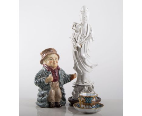 Assorted ceramics including a Chinese blanc de chine figure on lotus base, hardwood plinth, height 30cms, Derby sucrier (rest