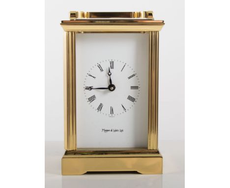 Brass cased presentation carriage clock, white enamelled dial signed Mappin & Webb Ltd, platform escapement, 13cms.