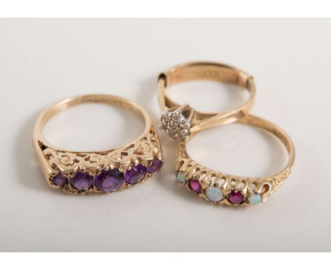 Three dress rings, a 9 carat yellow gold reproduction half hoop mount set with amethyst (5), a 9 carat half hoop ring set wit