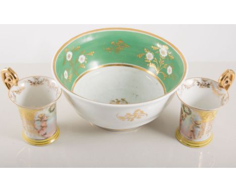 Four Vienna porcelain yellow gilt cherub cups and saucers, two Derby plates, Derby saucer, Samson cup, saucer.