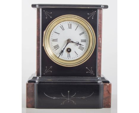 French black marble mantle clock, white enamel dial, cylinder movement, 23cms.