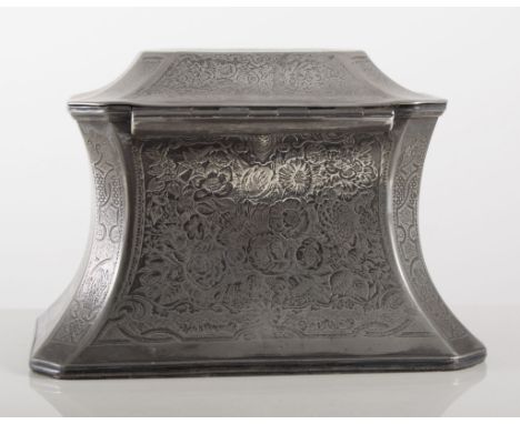 Victorian Britannia metal tea caddy, die cast decoration, two section interior, width 19cms.