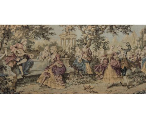 Machine made tapestry picture, figures in a pleasure garden, 46 x 100cms.