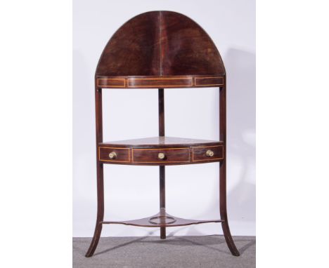 Victorian mahogany corner washstand, the top shelf with three compartments, middle shelf with central drawer flanked by dummy