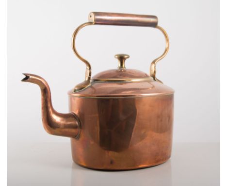 Victorian copper kettle, plain finial, turned handle, height 26cm with pierced trivet, brass preserve pan, vases, chamber sti