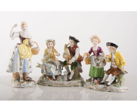 Pair of Dresden figures, Flower Sellers, 16cms, Sitzendorf group of Musicians and other Dresden figures and groups, (8).