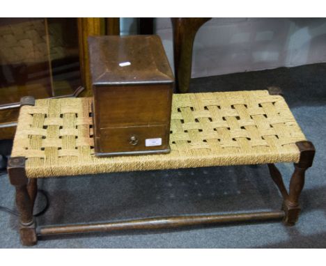 Double rush seated footstool, magazine rack, mahogany box with drawer to base, small aneroid barometer, copper washing dolly 