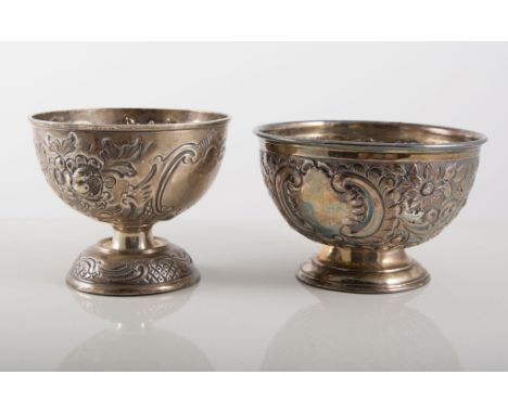 Victorian silver pedestal sugar basin, Birmingham 1898, repousse decoration of flowers and scrolls, 8.5cms and another silver
