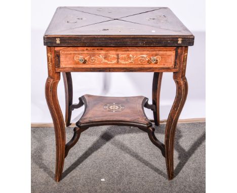 Victorian rosewood and marquetry envelope card table, scrolled legs, joined by a shelf, the top 58cms square, height 70cms.