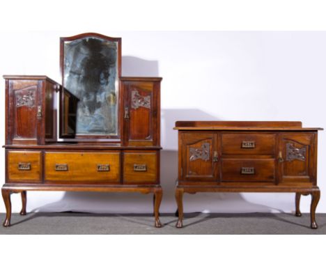 Edwardian walnut three piece bedroom suite, comprising combination wardrobe, moulded cornice above a plain frieze, fitted wit