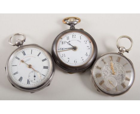 Victorian silver cased open faced pocket watch, case engine turned, engraved dial with Roman numerals and subsidiary seconds 