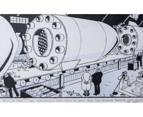 Stanley McMurty (Mac), MBE, (b.1936), pen and ink and watercolour, 37cm x 53cm
"Hello Mr Ridley? Look we're getting a teensy 