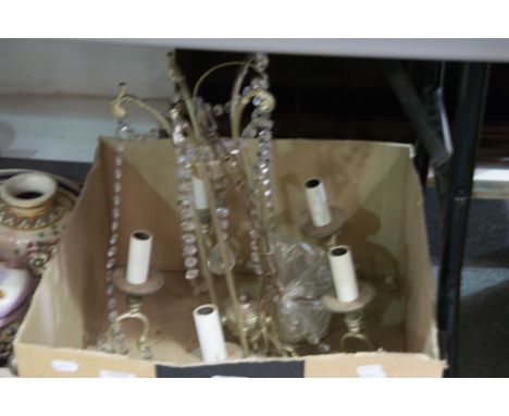 Five light chandelier, cast metal frame with prismatic drops and festooning, diameter 38cms.