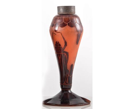 Le Verre Français, a Charles Schneider 'Scarab' lamp base, circa 1925, the internally mottled glass etched with stylised beet