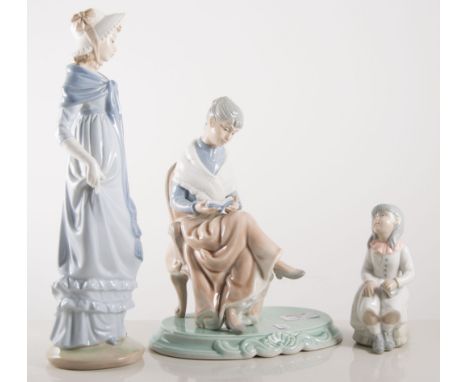 Nao figures, grandmother, child, girl with urn and bird No 746, (boxed) and a lady in period costume.